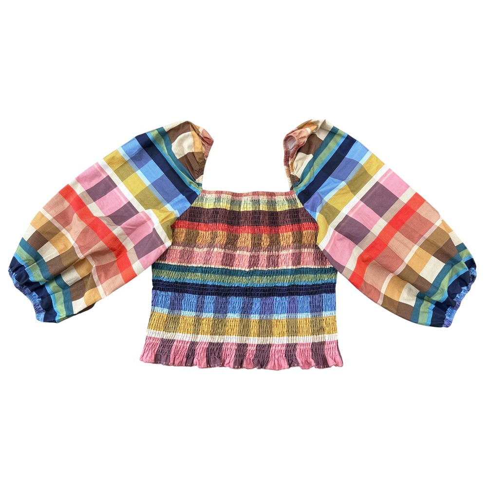 Farm Rio for Anthropologie Rainbow Plaid Smocked Puff Sleeve Crop Top Large